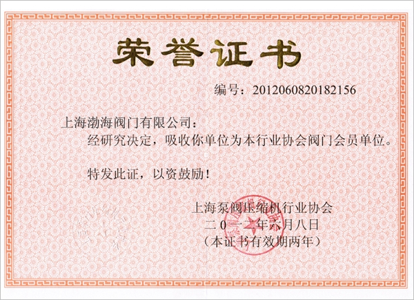 上海泵阀压缩机行业协会荣誉证书
