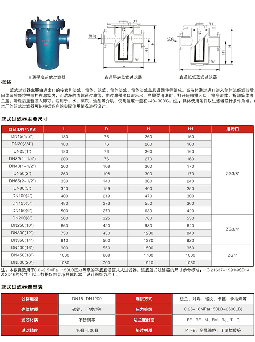 直通平底篮式过滤器